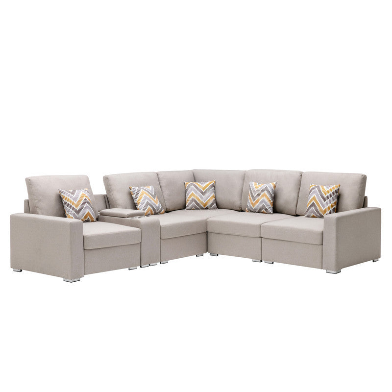 Nolan Beige Linen Fabric 6-Piece Reversible Sectional Sofa with USB, Charging Ports, Cupholders, Console Table, Pillows, and Interchangeable Legs