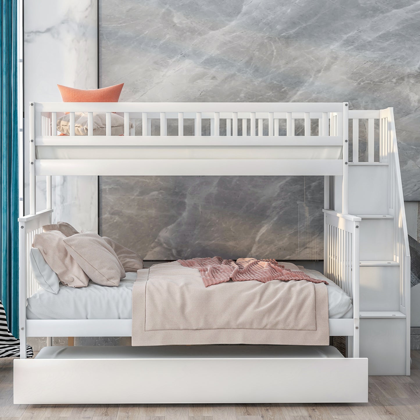 White Twin over Full Bunk Bed with Trundle and Staircase for Shared Sleeping Spaces