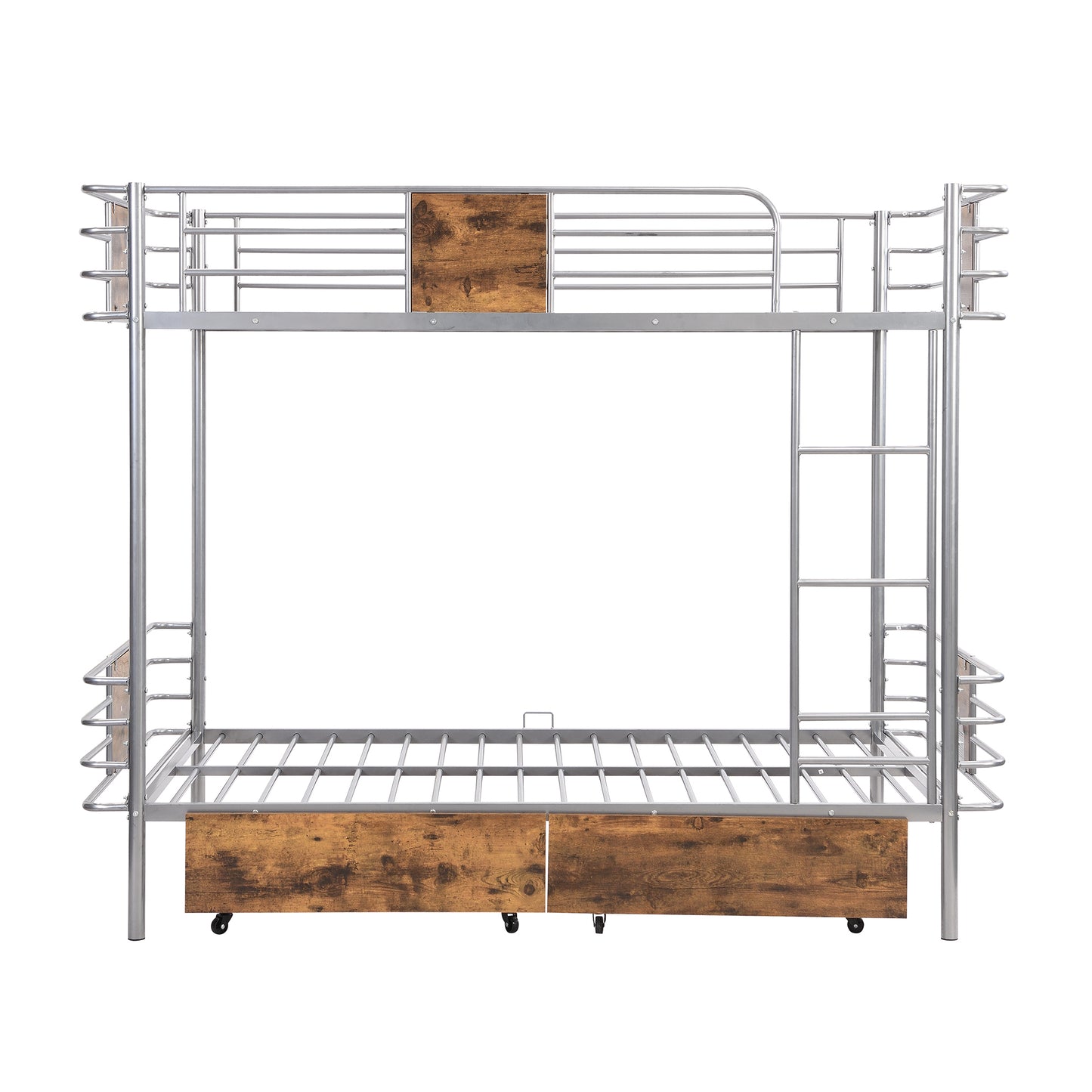 Silver Metal Bunk Bed with Twin XL Storage Drawers and Guardrail