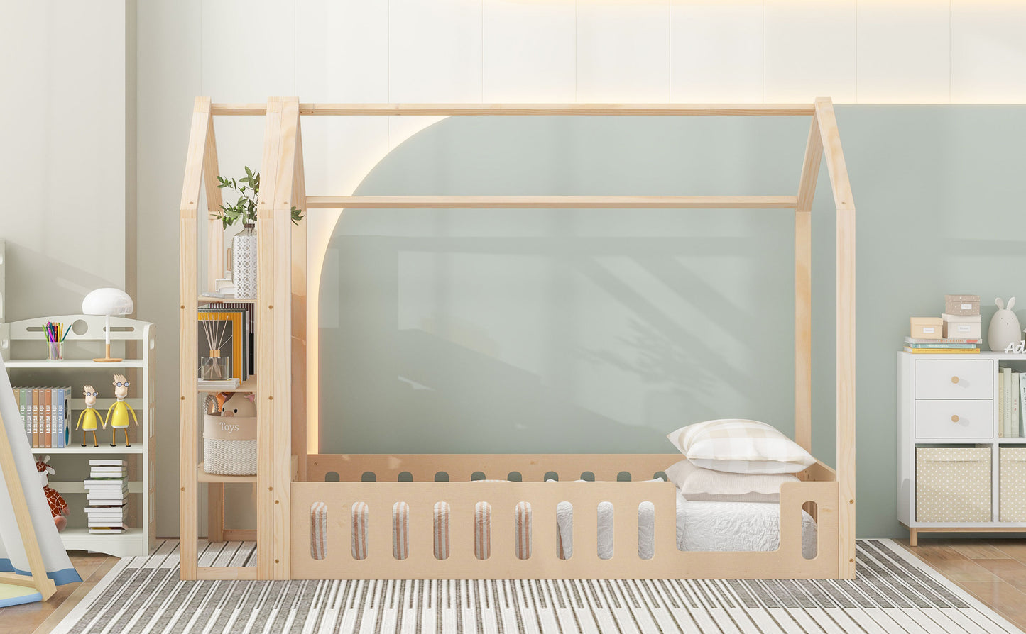 Twin Size Wood House Bed with Fence and Detachable Storage Shelves, Natural (Expected Arrival Time: 1.7)