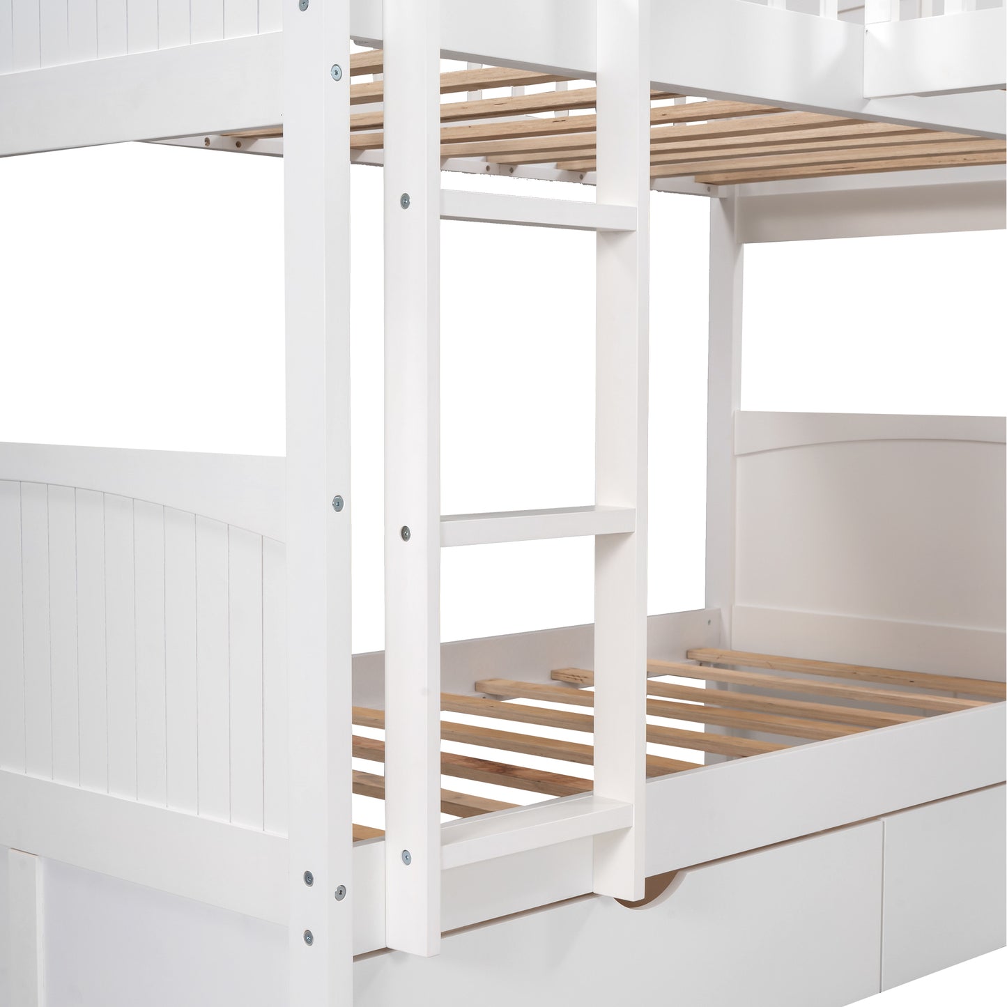 White Triple Sleeper Bunk Bed with Loft, Drawers, and Extended Sleeping Capacity