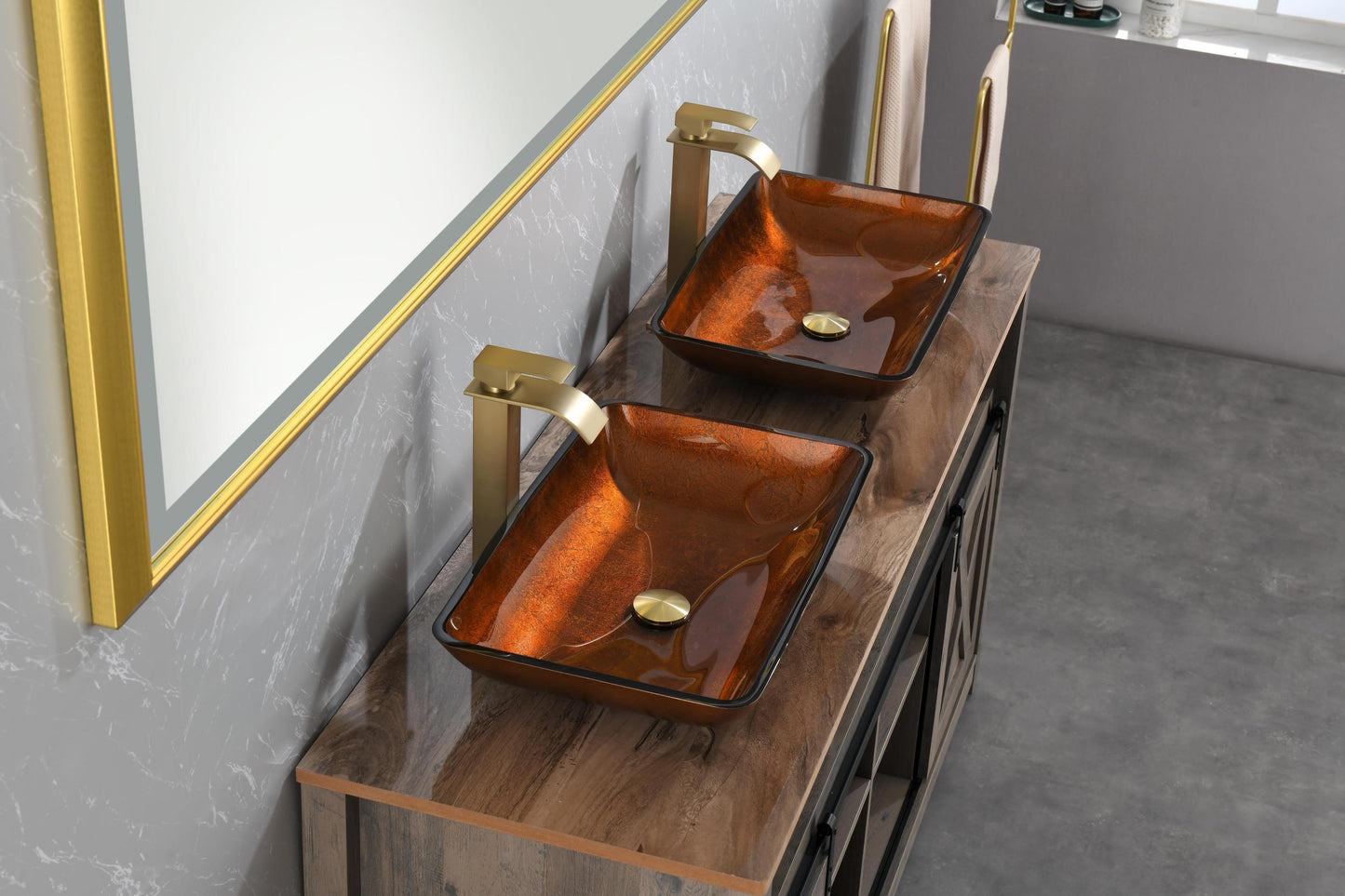 Luxurious Handmade Glass Vessel Sink Set in Deep Chocolate Brown Finish with Gold Accents