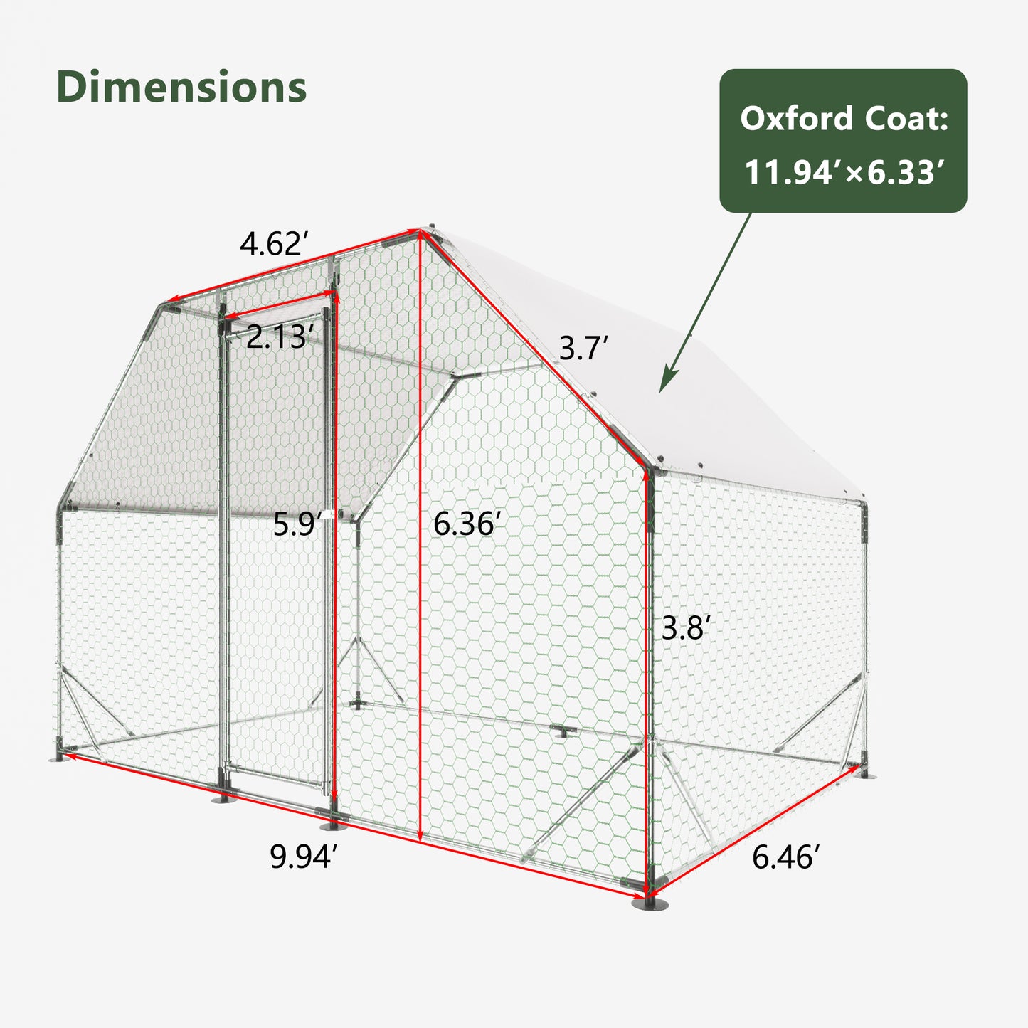 Metal Large Chicken Coop Walk-in Poultry Cage Run Flat Shaped with Waterproof  9.94'L x 6.46'W x 6.36'ft