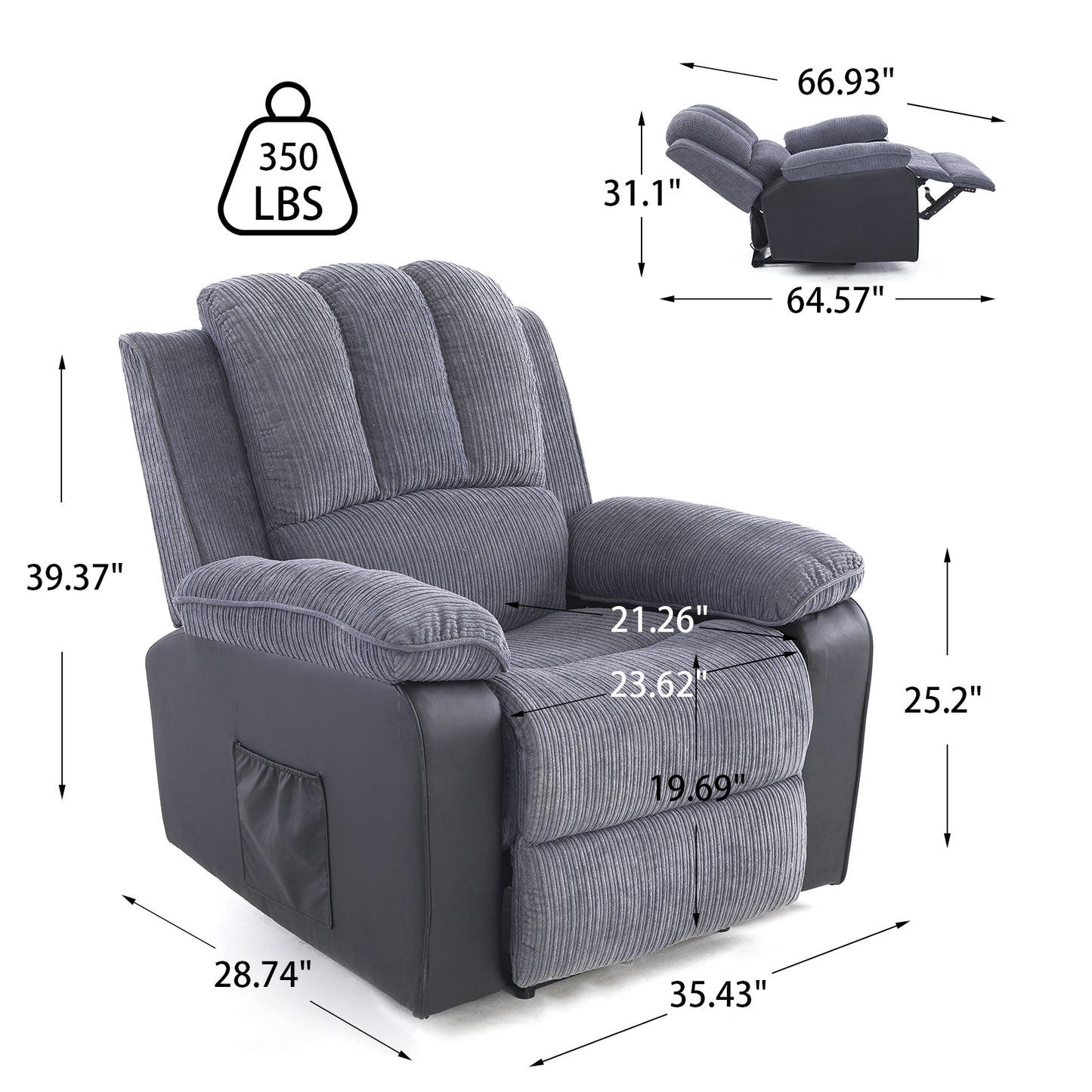 Corduroy + PU material thickened with side pockets armrests ergonomic power sofa chair with 8-point massage heating function