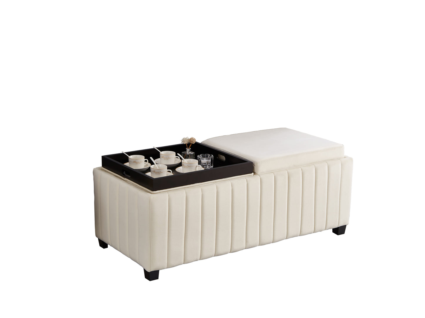 Contemporary Beige Velvet Storage Ottoman Bench with Coffee Tray and High-Density Sponge Fill