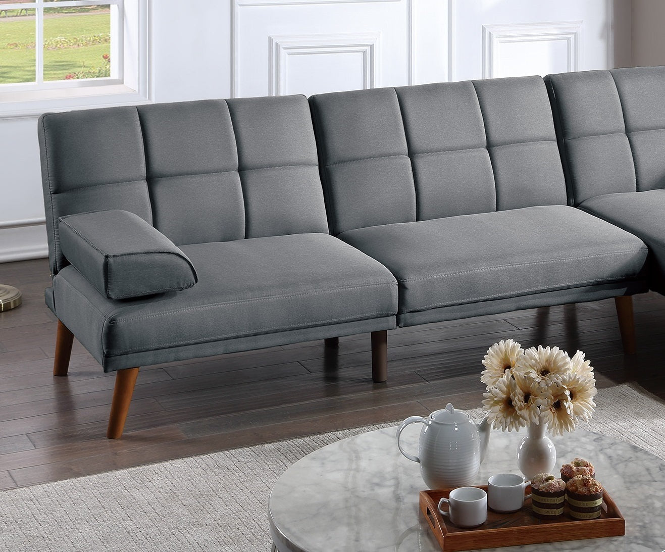 Blue Grey Polyfiber Adjustable Sectional Sofa Set with Tufted Back and Solid Wood Legs