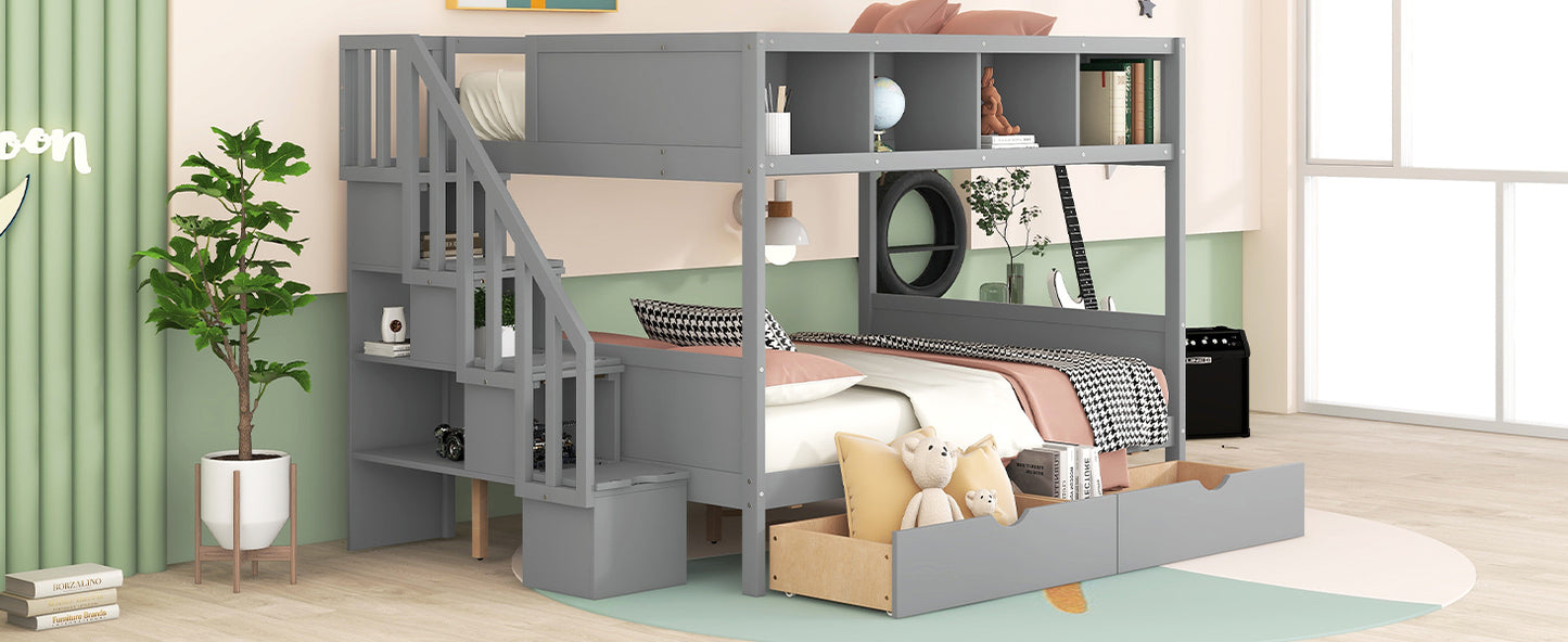 Twin over Full Bunk Bed with Storage Staircase, Drawers, and Shelfs in Gray