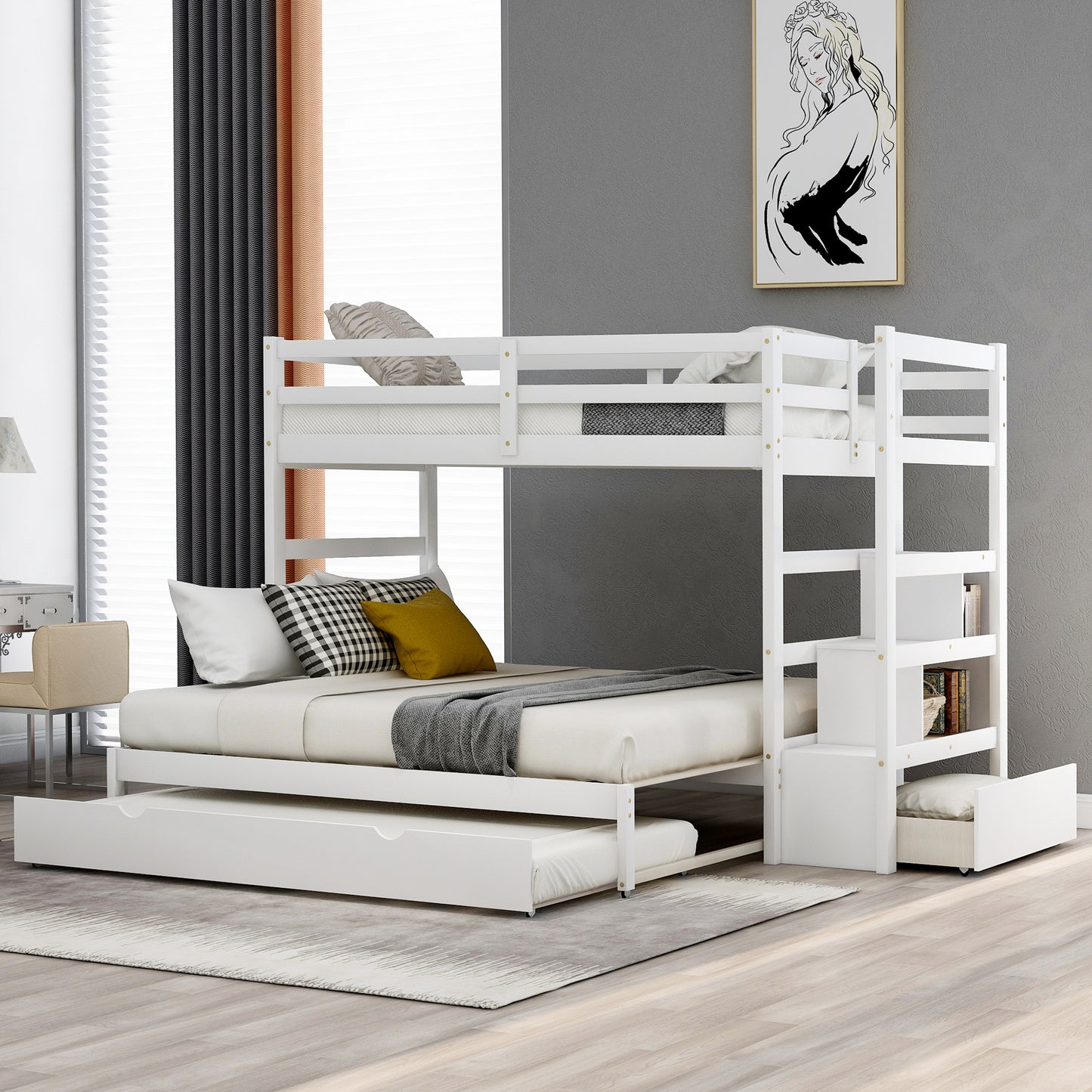 Convertible Storage Bunk Bed with Trundle, Stairs, and Versatile Design (White)