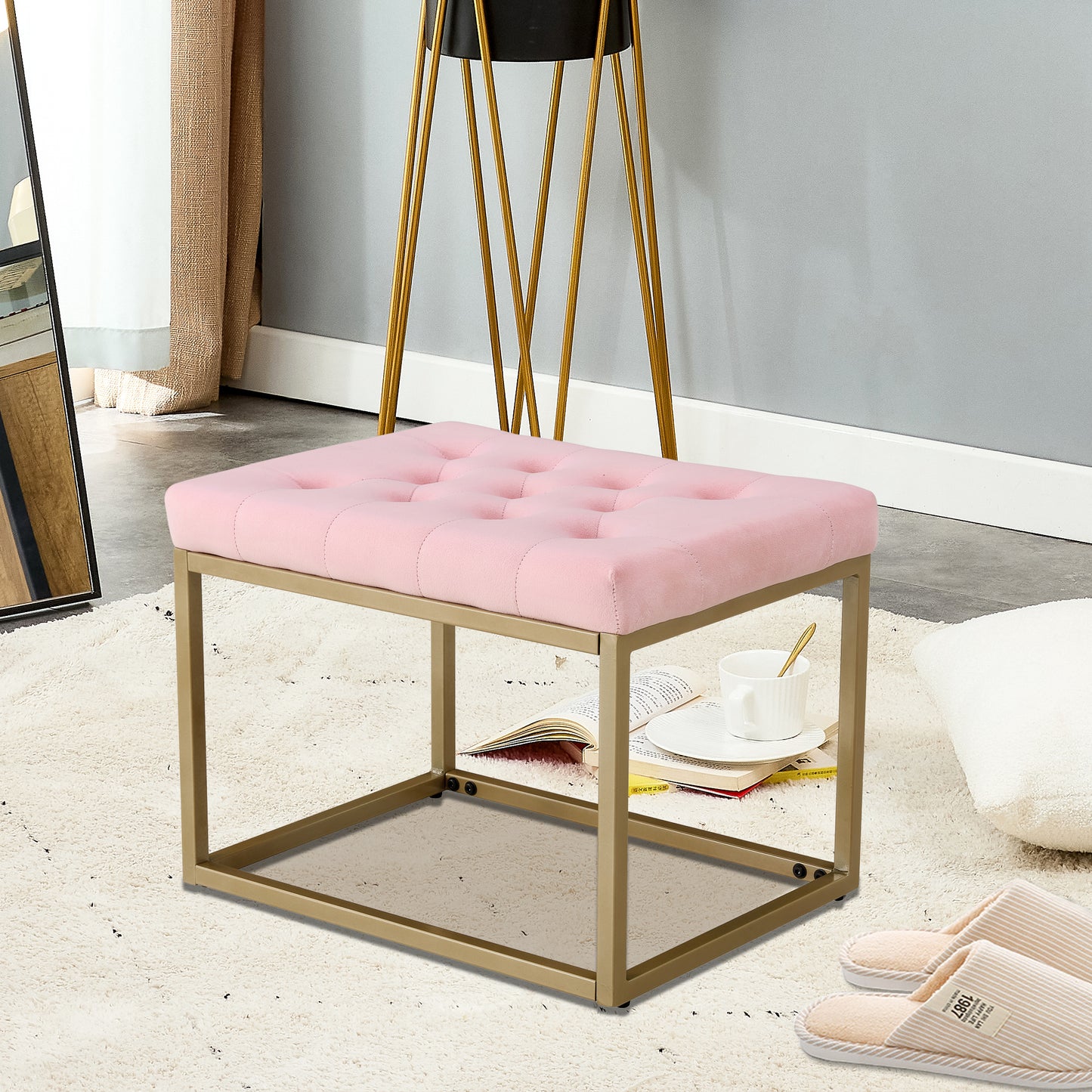 Chair Velvet Shoe Changing Stool, Footstool, Square Cushion Foot Stool, Sofa stool, Rest stool,Low Stool .Step Stool, Small Footrest .Suitable for Clothes Shop,Living Room, Porch,Pink BenchST-001-PI