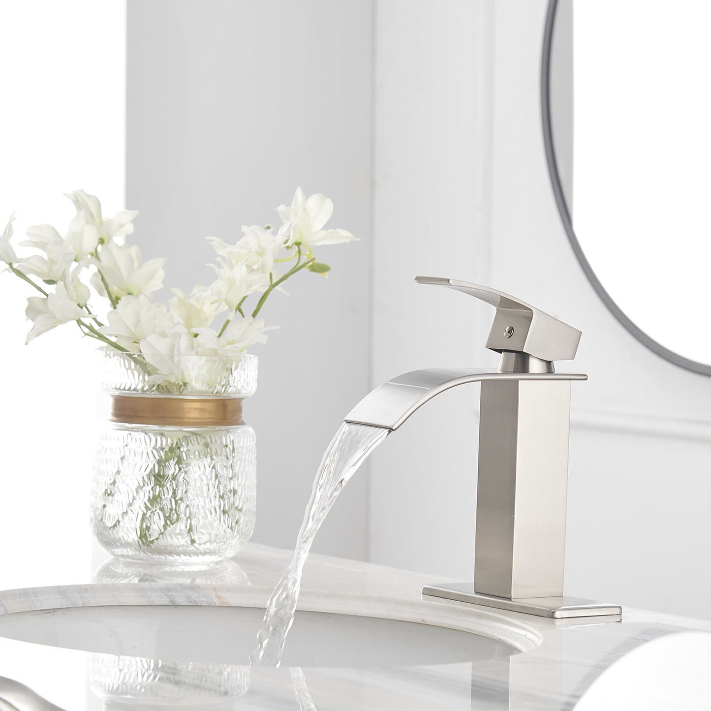 Brushed Nickel Waterfall Bathroom Faucet With Single-Handle Operation