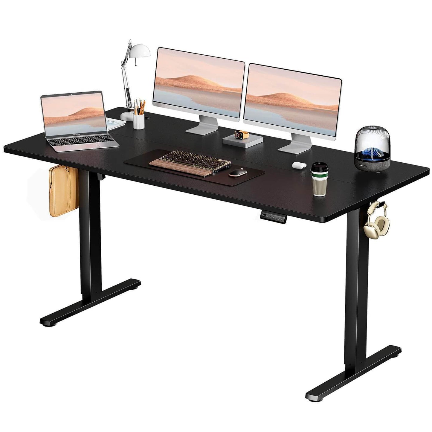 Adjustable Electric Standing Desk with Smooth Motor System and Storage Hooks, Black, 63'' x 24, Height-Optimized