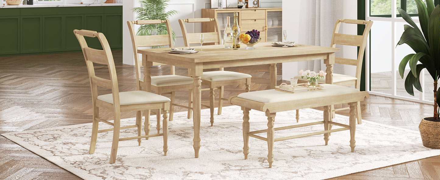 6-peice Dining Set with Turned Legs, Kitchen Table Set with Upholstered Dining Chairs and Bench,Retro Style, Natural