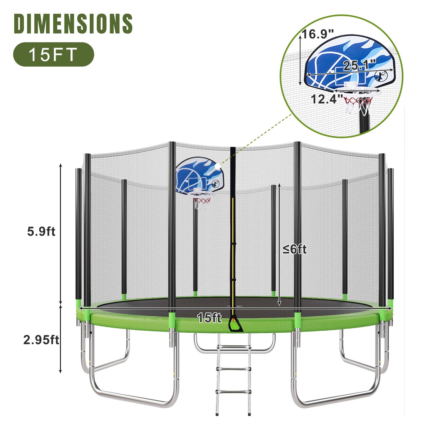 15FT Trampoline for Kids with Safety Enclosure Net, Basketball Hoop and Ladder, Easy Assembly Round Outdoor Recreational Trampoline