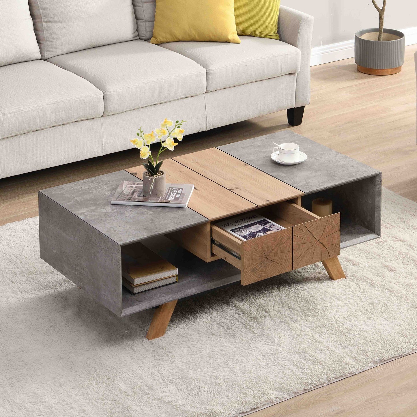 43.31'' Elegant Coffee Table with Hidden Drawer, Modern Farmhouse & Industrial Style Table for Living Room