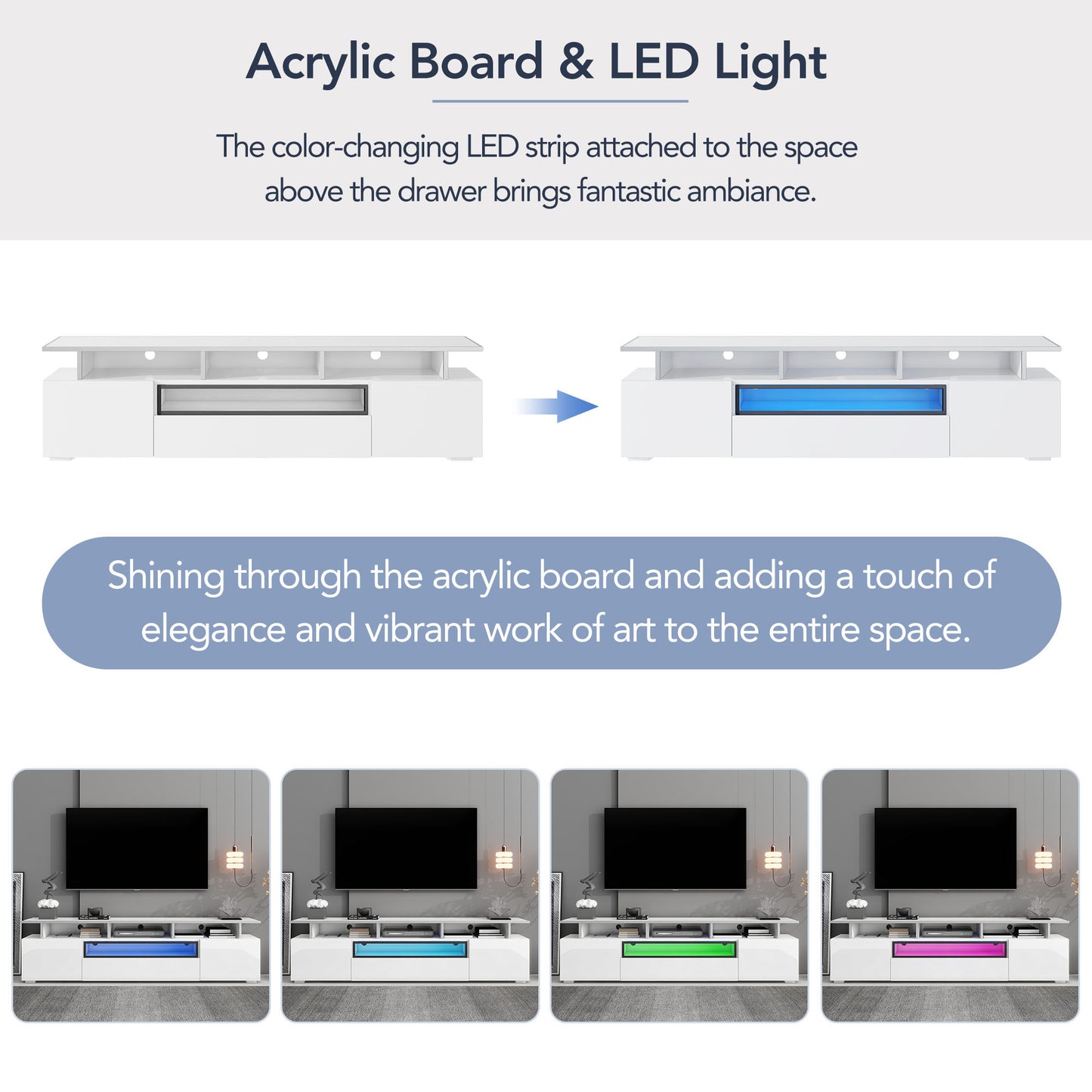 White Modern TV Stand with LED Color Changing Lights and Acrylic Board for TVs Up to 80