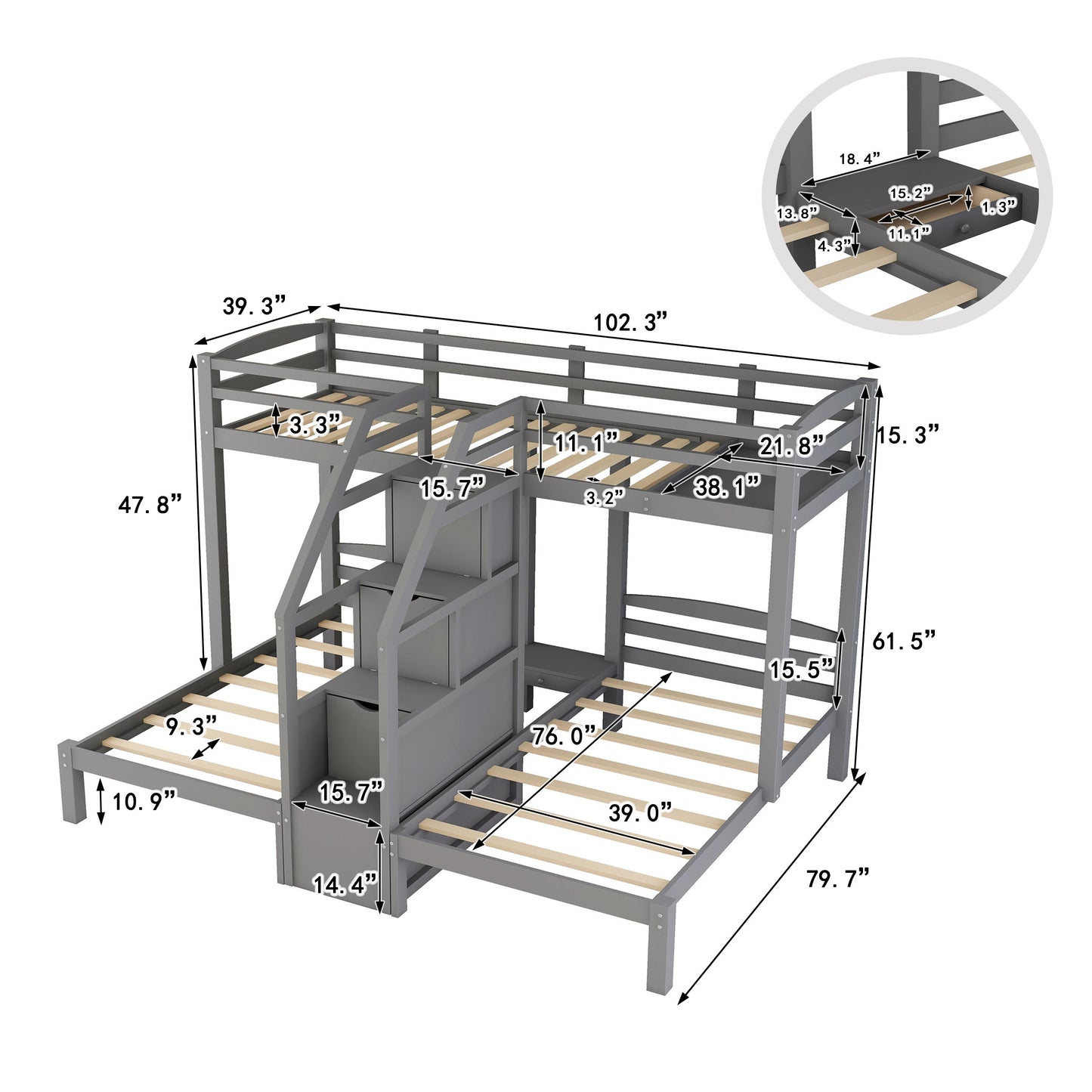 Gray Triple Twin Bunk Bed with Staircase and Storage Drawer