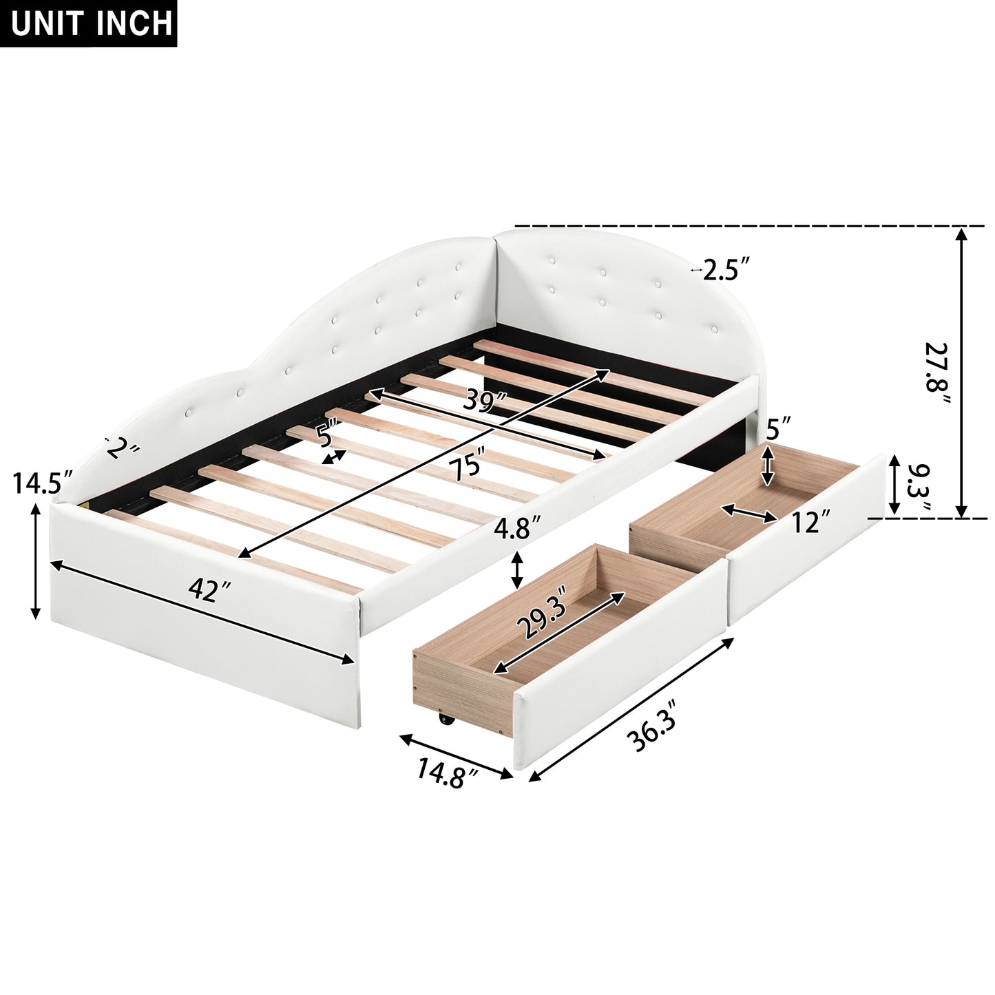 Twin Size PU Upholstered Tufted Daybed with Two Drawers and Cloud Shaped Guardrail, White