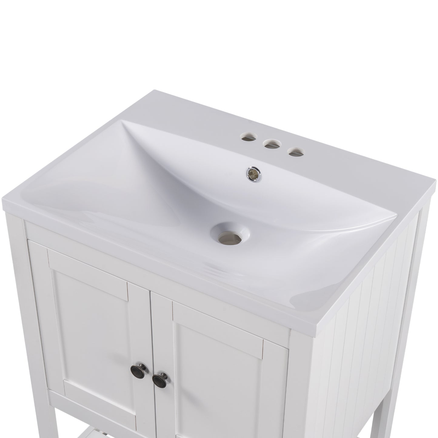 24" White Modern Sleek Bathroom Vanity Elegant Ceramic Sink with Solid Wood Frame Open Style Shelf