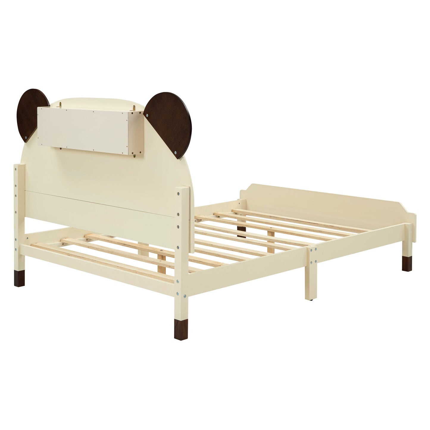 Full Size Wood Platform Bed with Bear-shaped Headboard,Bed with Motion Activated Night Lights,Cream+Walnut