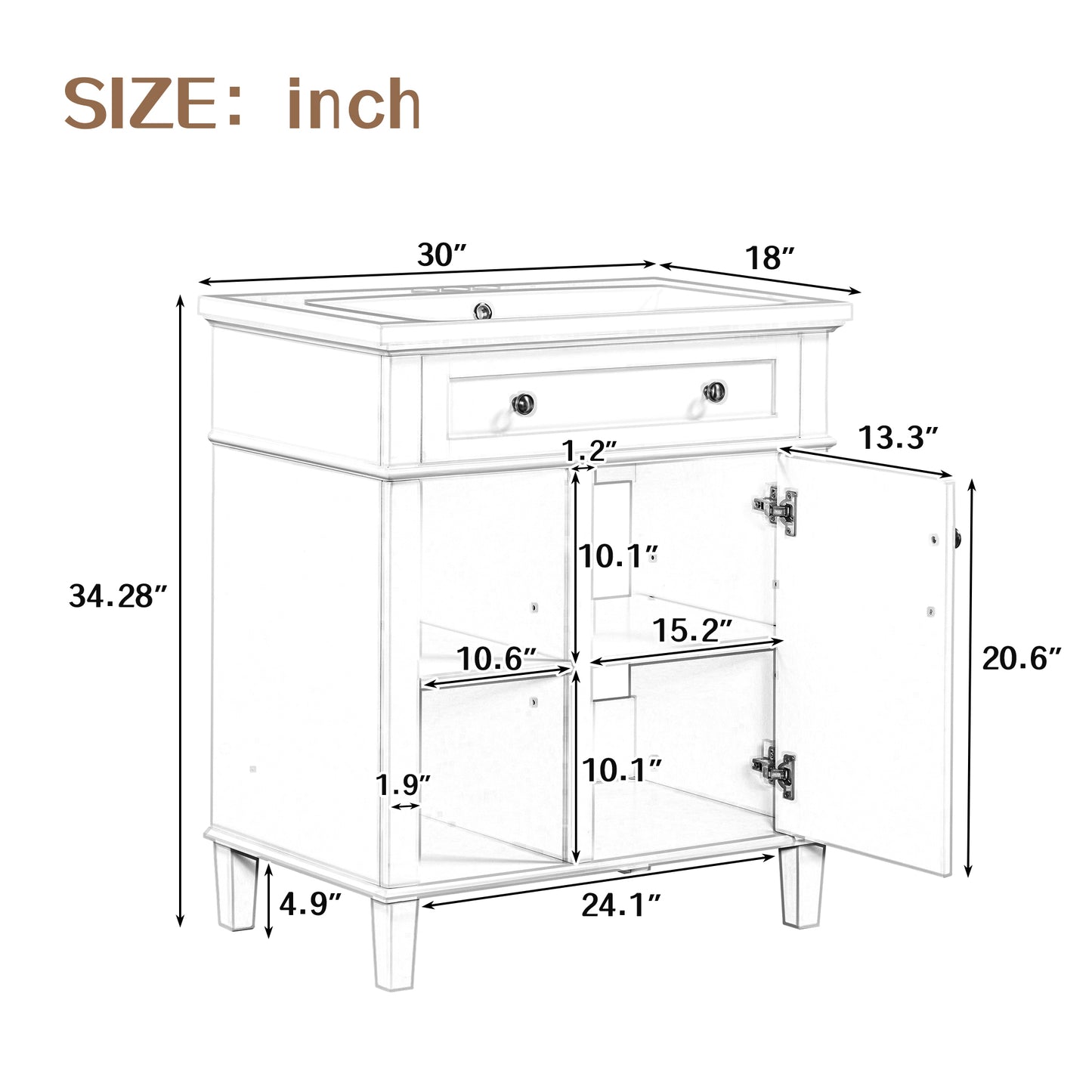 30" Bathroom Vanity with Ceramic Sink Set, One Cabinet and Adjustable Shelf, White