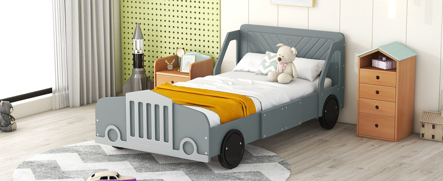 Twin Size Car-Shaped Platform Bed with Wheels,Gray