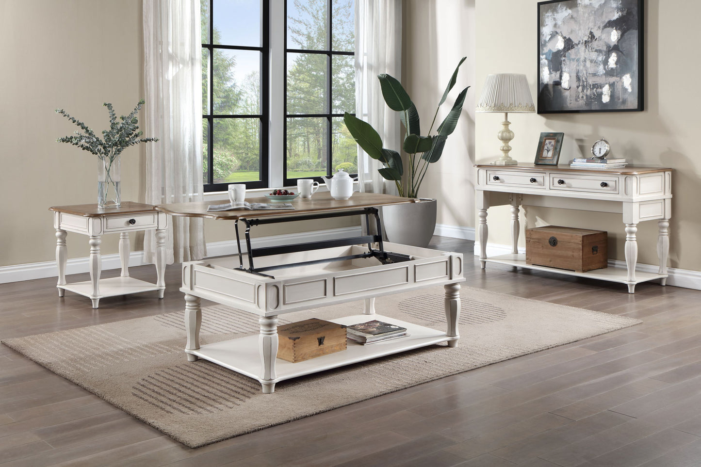 Florian Lift Top Coffee Table in Elegant Oak & Antique White Design LV01662