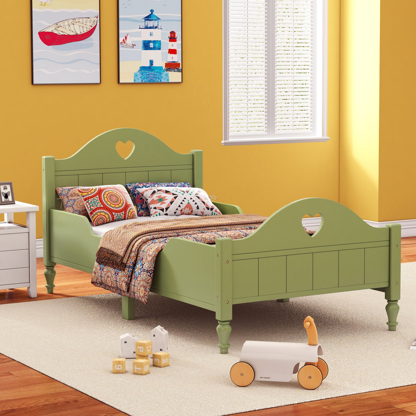 Macaron Twin Size Toddler Bed with Side Safety Rails and Headboard and Footboard,Oliver Green