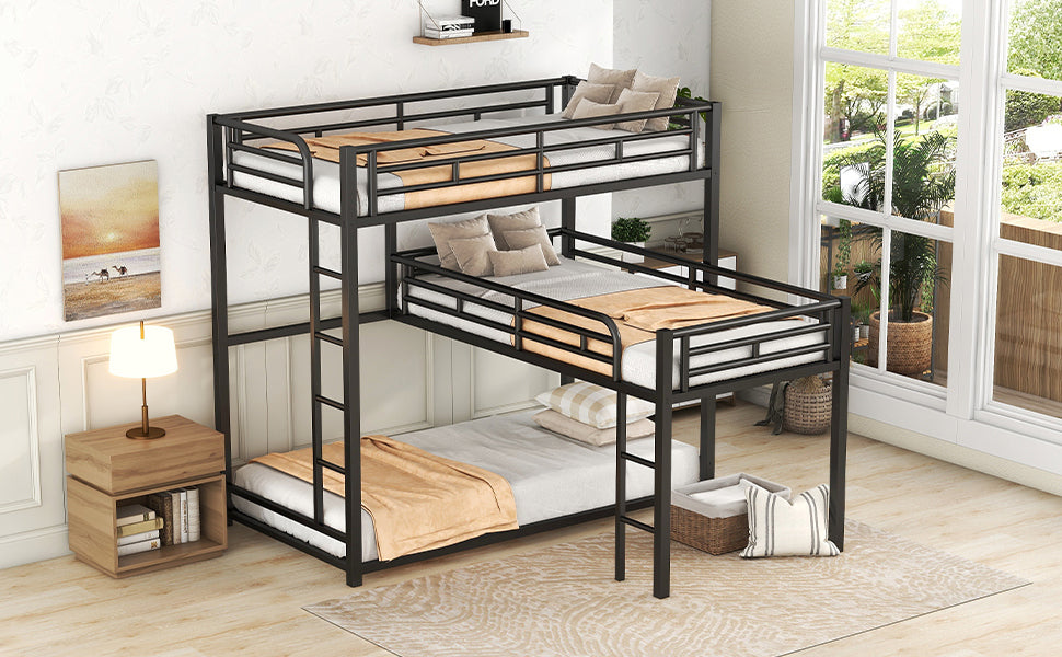 Black Metal Triple Bunk Bed with Desk and L-shaped Design