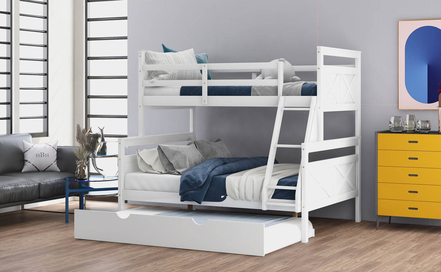 Twin over Full Bunk Bed with White Finish and Trundle