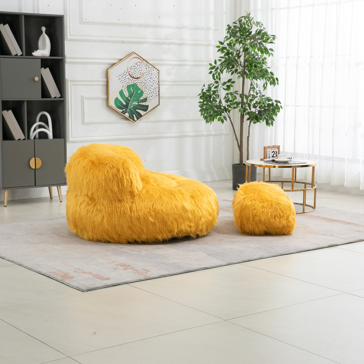 Bean Bag Chair with Faux Fur Lazy Sofa and Footstool for Comfortable Indoor and Outdoor Use