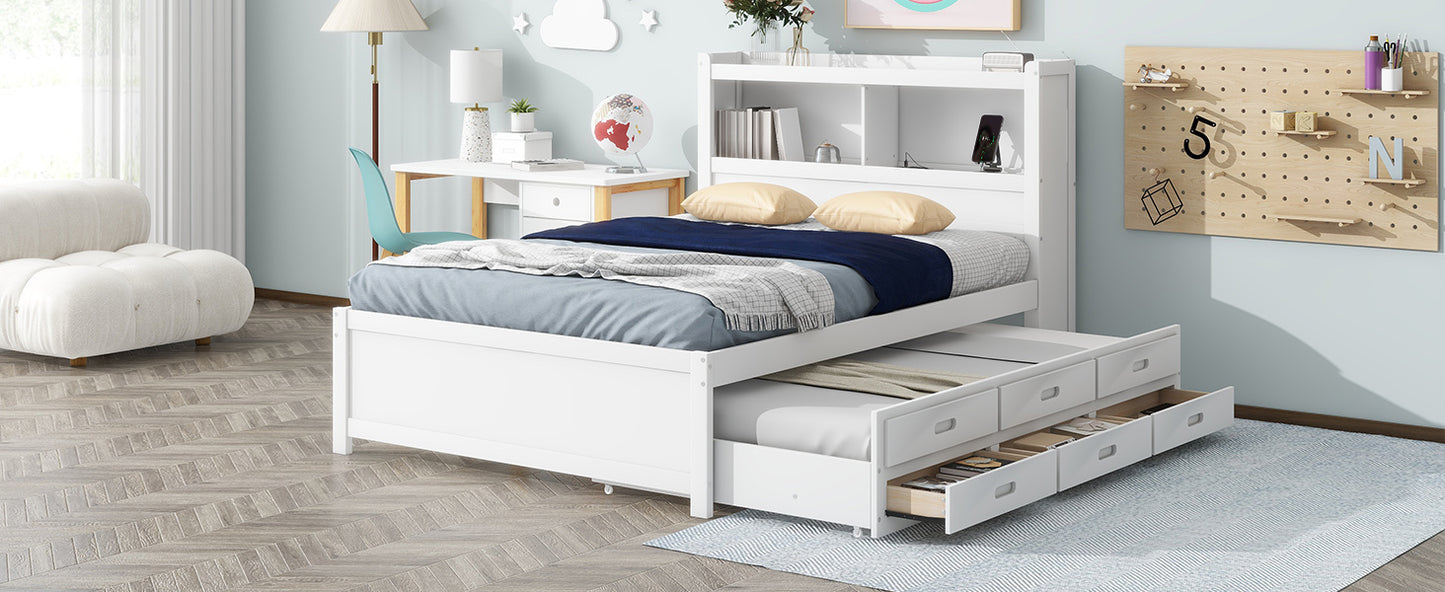 Full Size platform bed with trundle, drawers and USB plugs, White