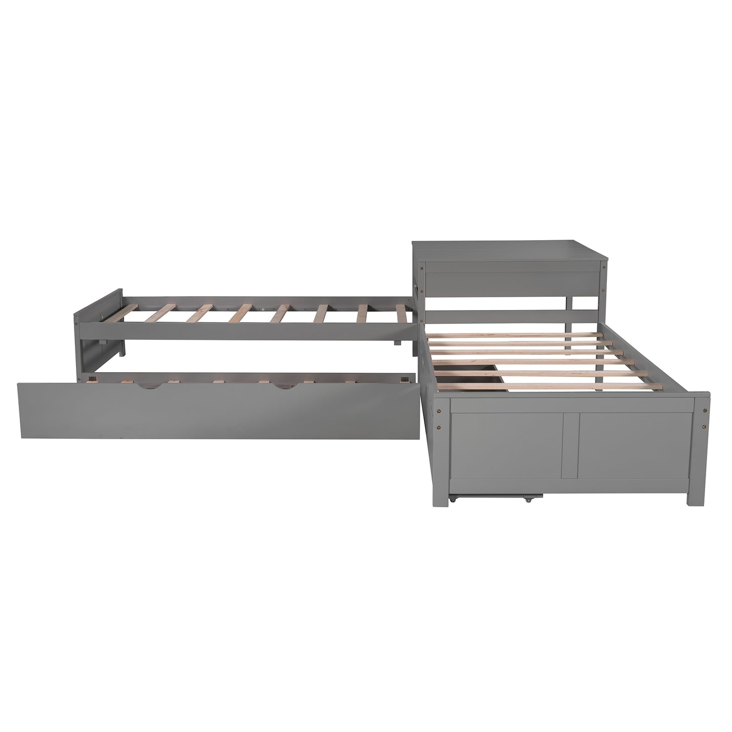 L-shaped Platform Bed with Trundle and Drawers Linked with built-in Desk,Twin,Gray