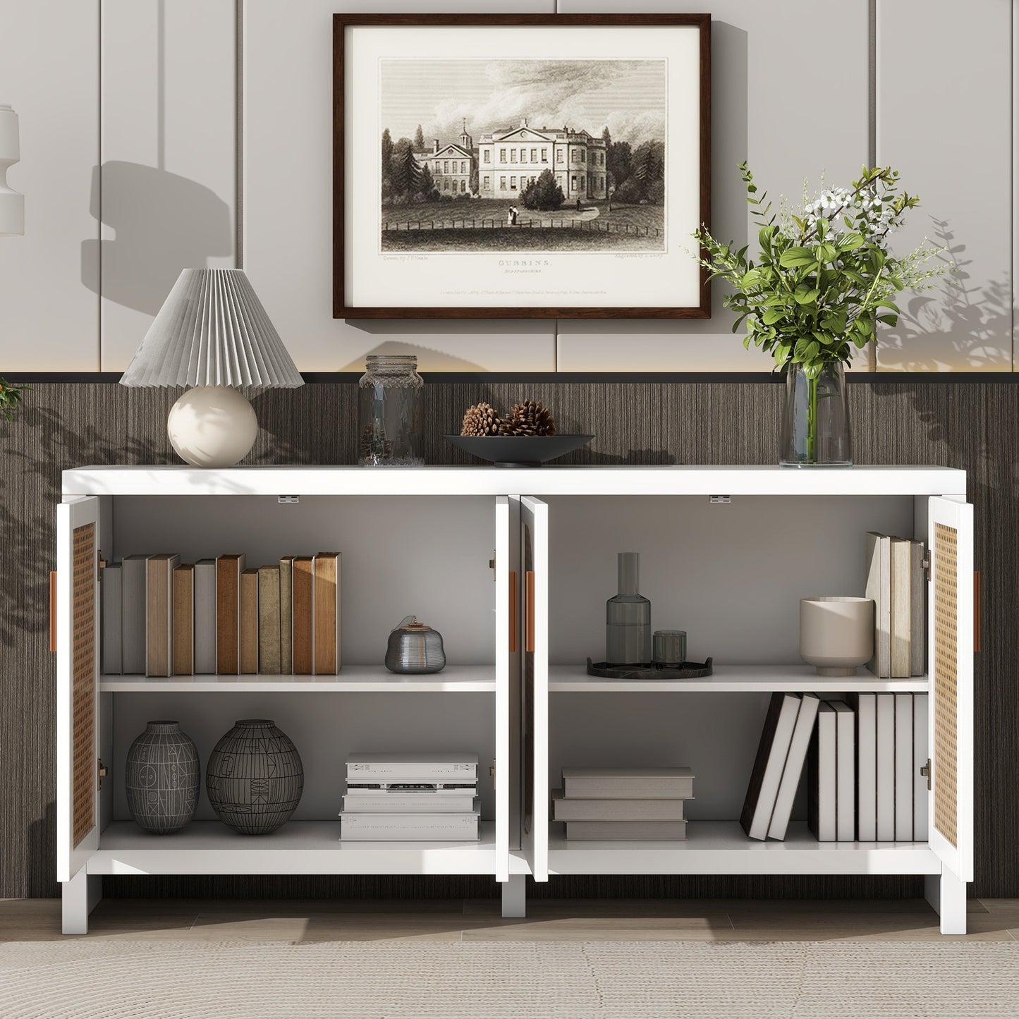 Stylish TV Stand with Rattan Doors and Adjustable Shelves for 65-inch Entertainment Center