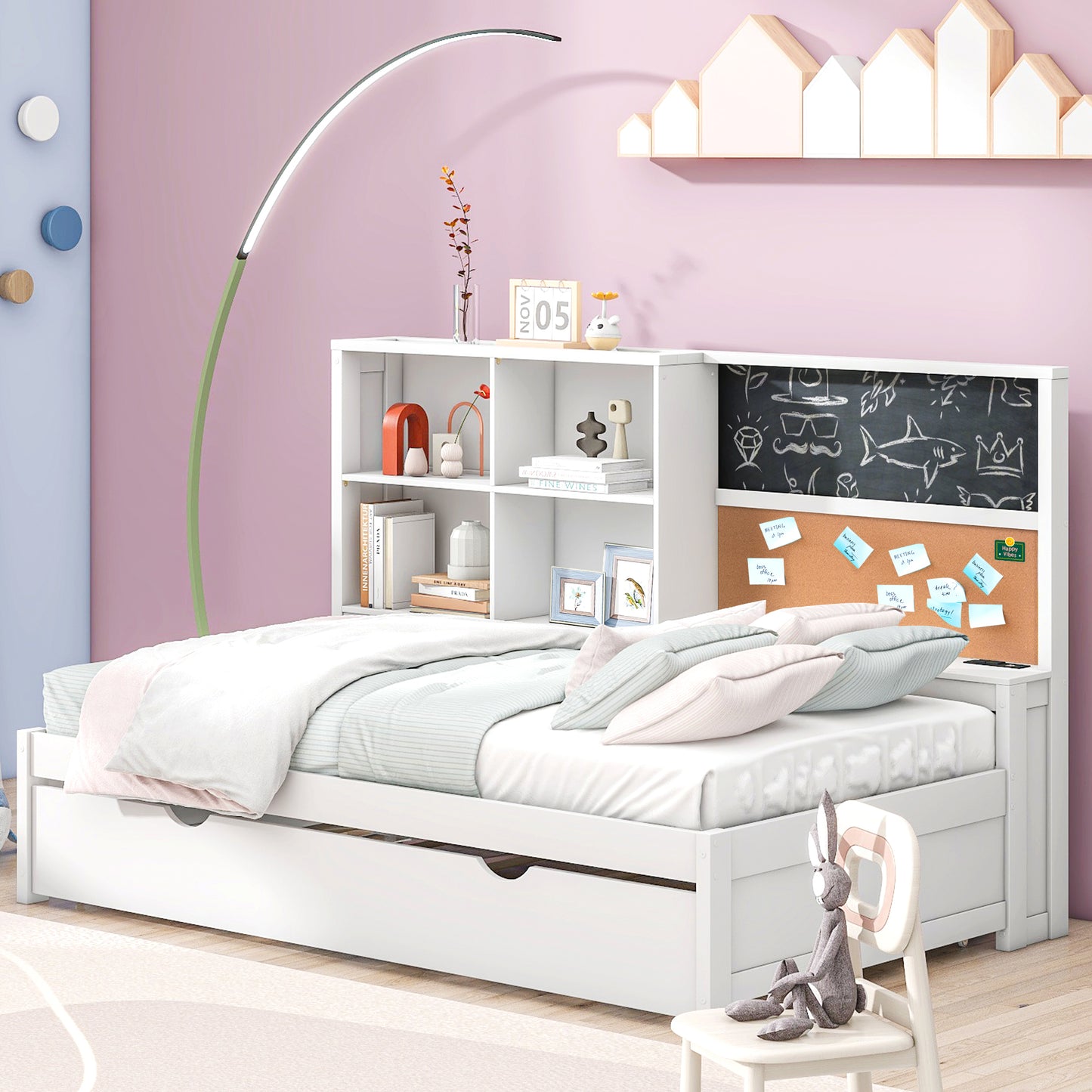 Twin Size Daybed with Storage Shelves, Blackboard, Cork board, USB Ports and Twin Size Trundle, White