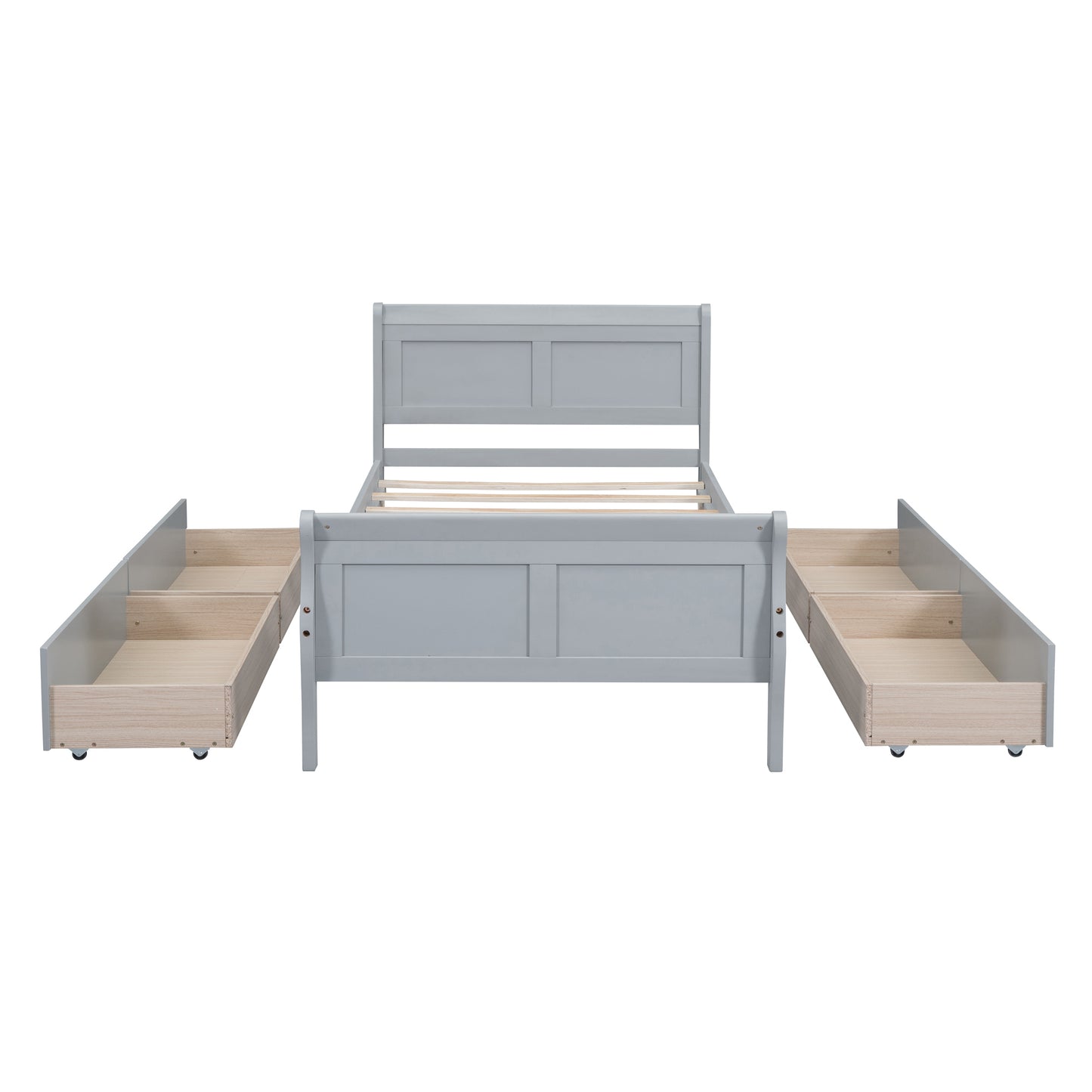 Twin Size Wood Platform Bed with 4 Drawers and Streamlined Headboard & Footboard, Gray