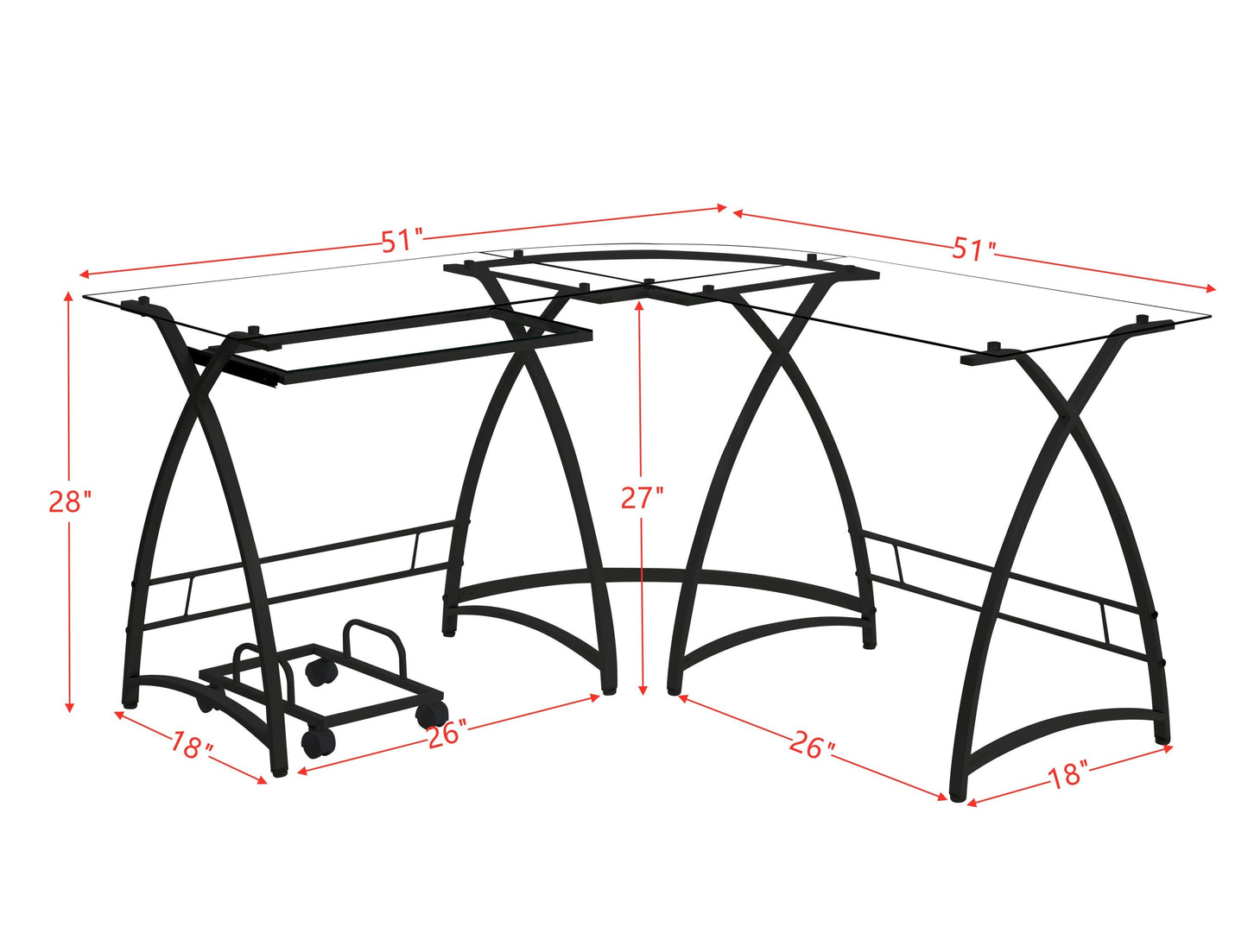 Dazenus Glass-Top L-Shaped Computer Desk in Black Finish