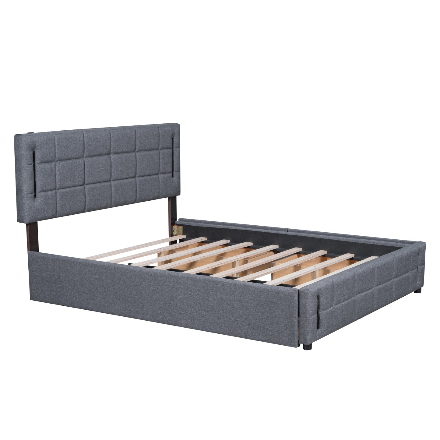 Queen Size Upholstered Platform Bed with Trundle and Drawers, Gray