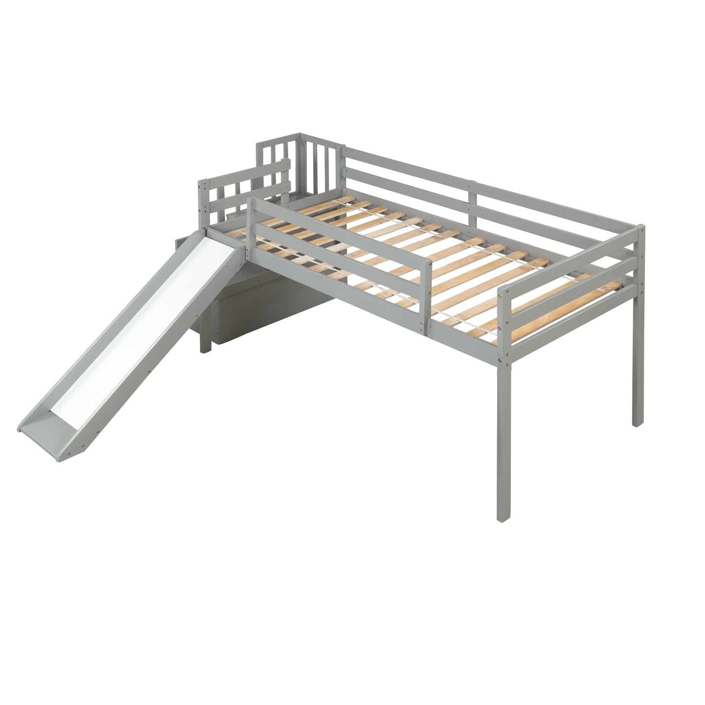 Loft Bed with Staircase, Storage, Slide, Twin size, Full-length Safety Guardrails, No Box Spring Needed, Grey