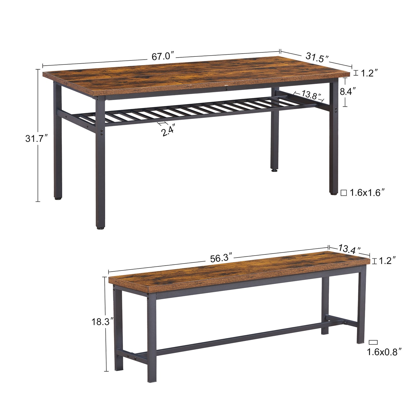 Oversized dining table set for 6, 3-Piece Kitchen Table with 2 Benches, Dining Room Table Set for Home Kitchen, Restaurant, Rustic Brown,67'' L x 31.5'' W x 31.7'' H.