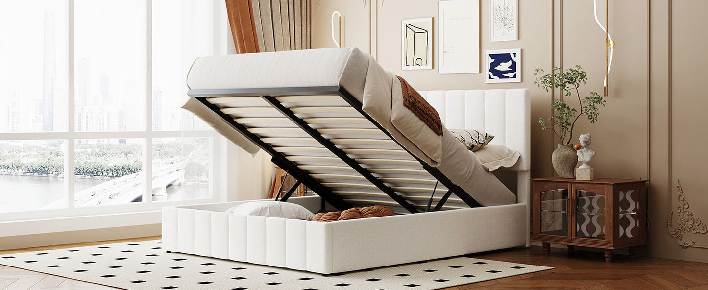 Queen size Upholstered Platform bed with a Hydraulic Storage System - White