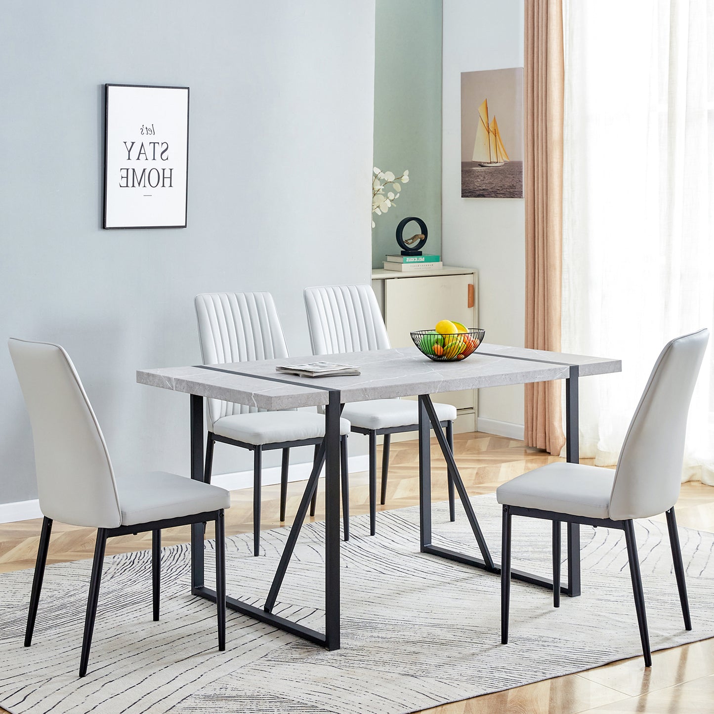 5-piece Dining Table Chairs Set, Rectangular Dining Room Table Set  for 4, Modern Dining Table and faux leather Chairs for Kitchen Dining Room, Small Space, GRAY