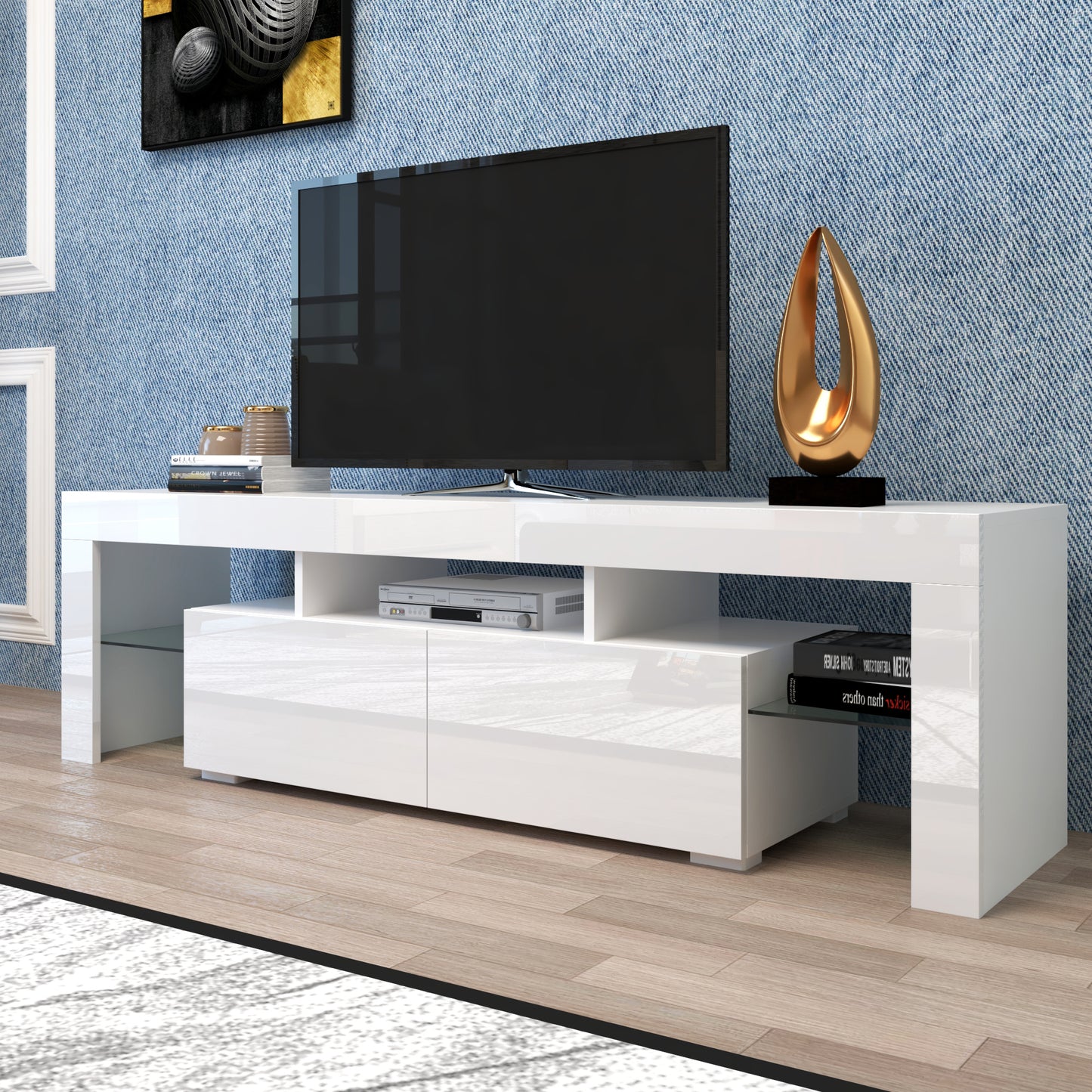 LED TV Stand with Remote Controlled Lights in Modern White, 20 Color Options