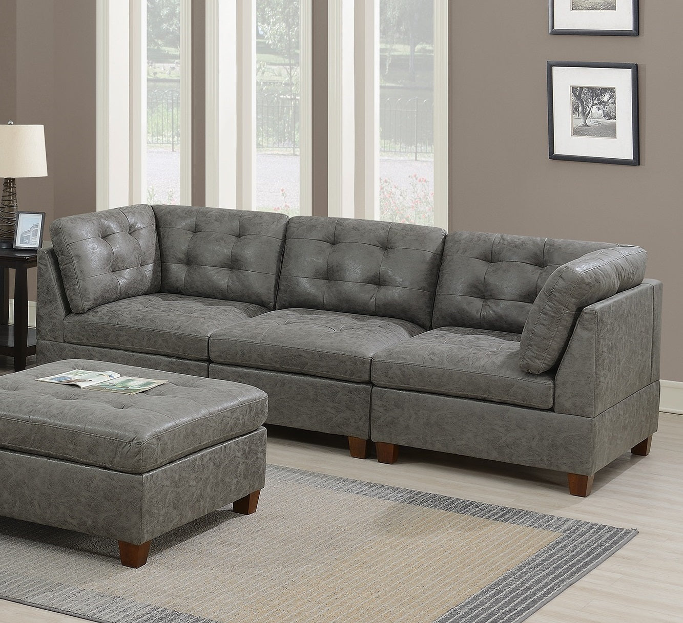 Antique Grey Modular Living Room Sofa Set With Breathable Leatherette, Tufted Detailing, and Modular Design