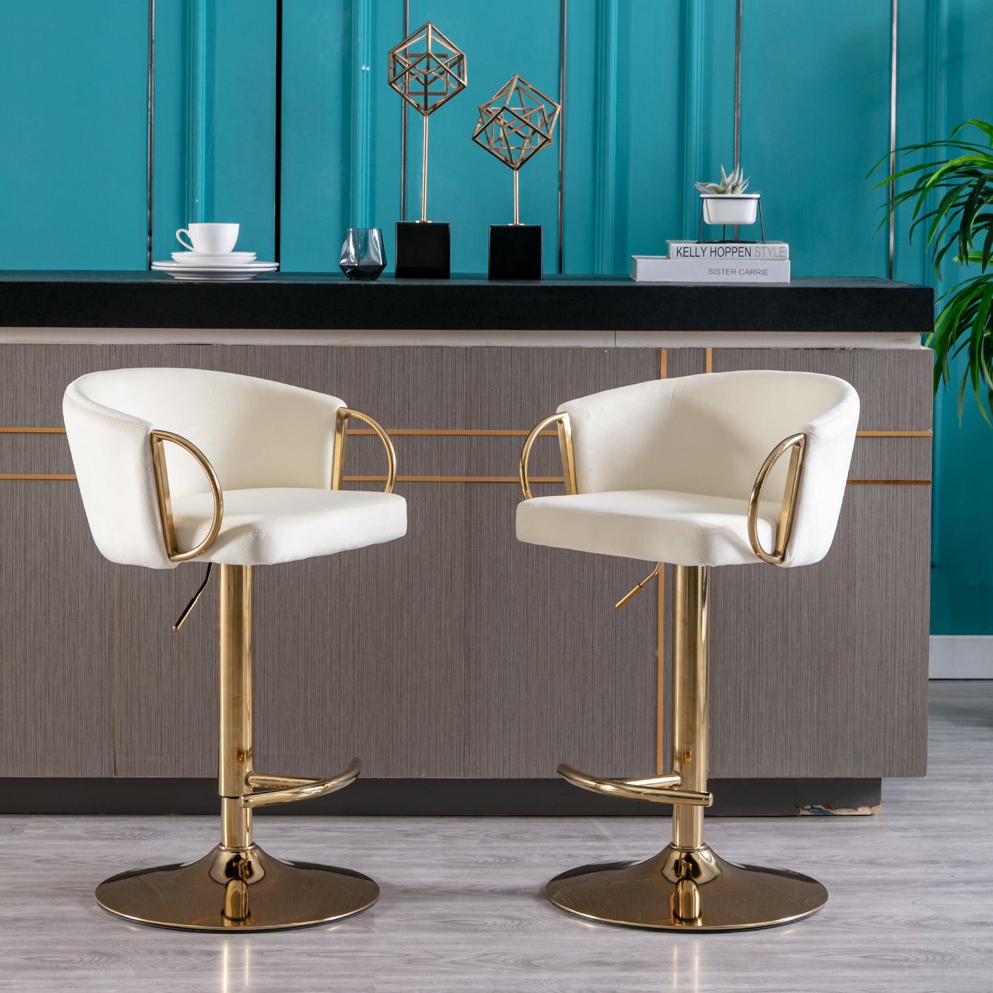 Set of 2  Bar Stools,with Chrome Footrest and Base Swivel Height Adjustable Mechanical Lifting Velvet + Golden Leg Simple Bar Stool-Ivory