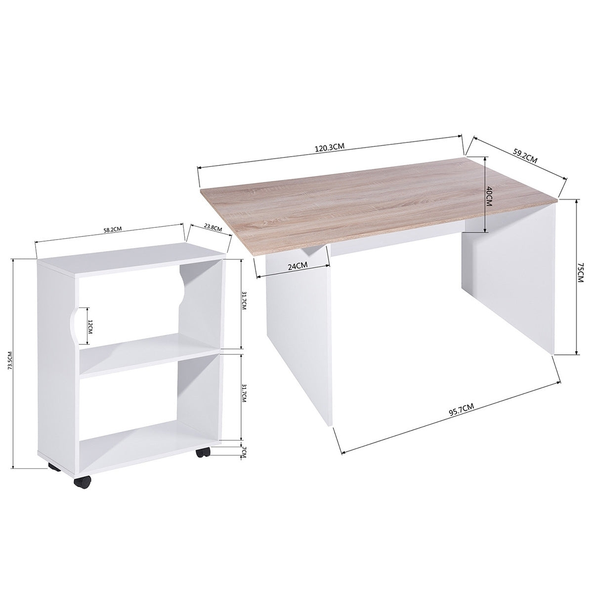 Oak & White Modern Computer Desk with Removable Bookcase - 47.4 L