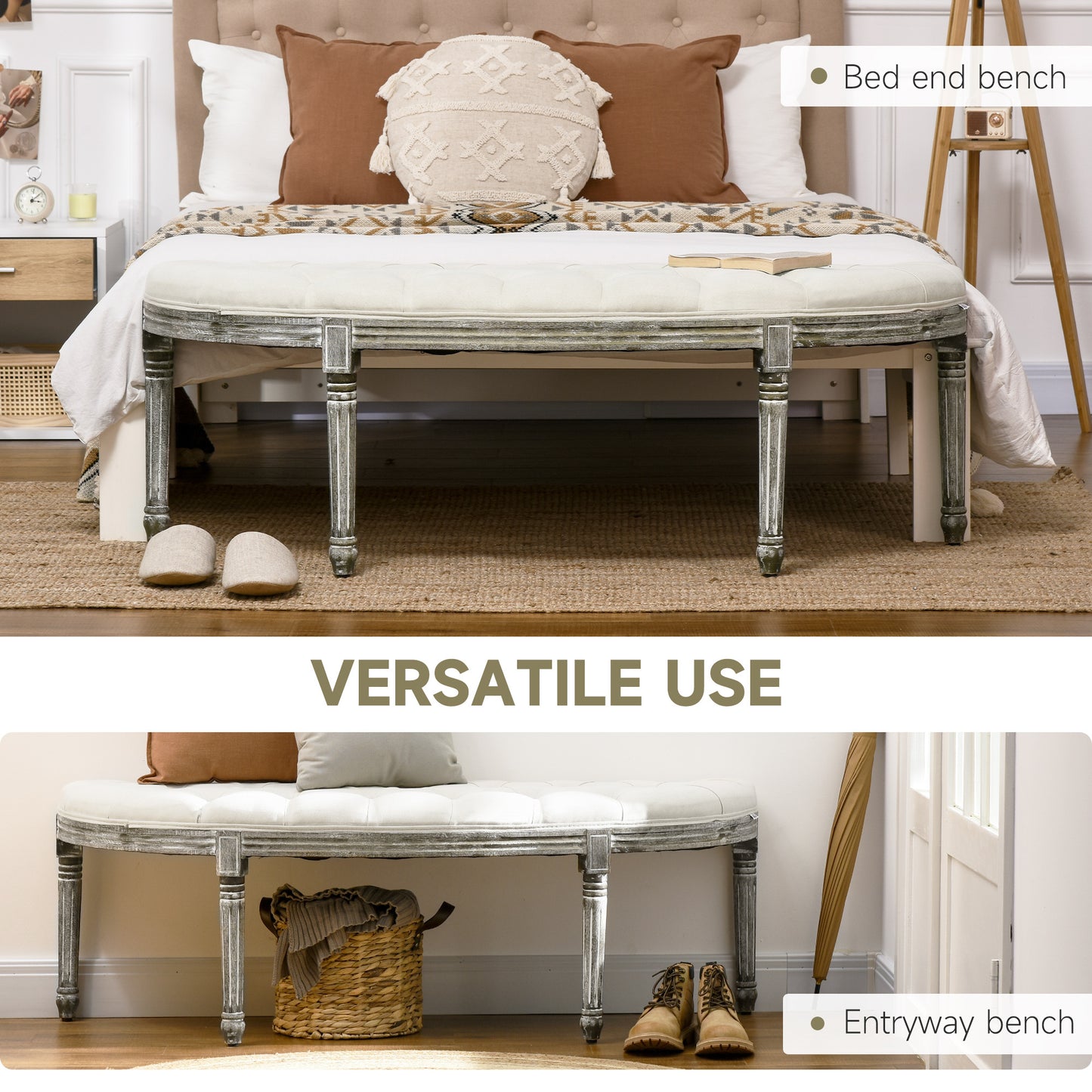 HOMCOM Semi-Circle End of Bed Bench with Tufted Design, Upholstered Bedroom Entryway Bench with Rubberwood Legs, Off White