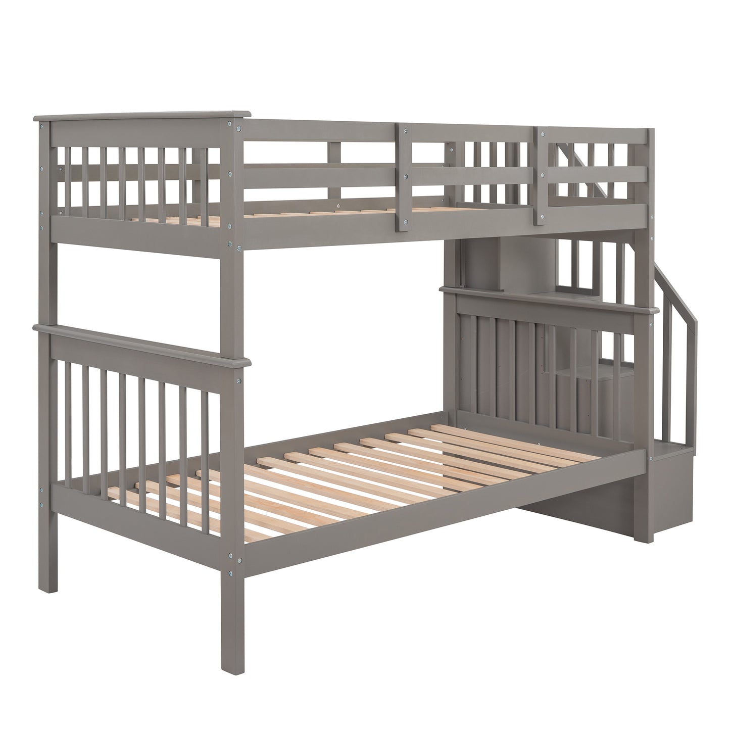 Gray Twin Bunk Bed with Staircase Storage and Guard Rail