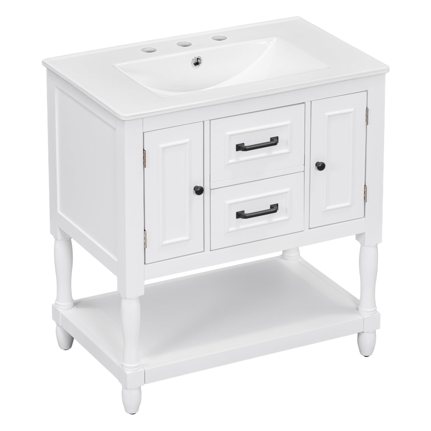 30" Bathroom Vanity with Sink Top, Bathroom Vanity Cabinet with Two Doors and Two Drawers, Solid Wood Frame, One Package, White