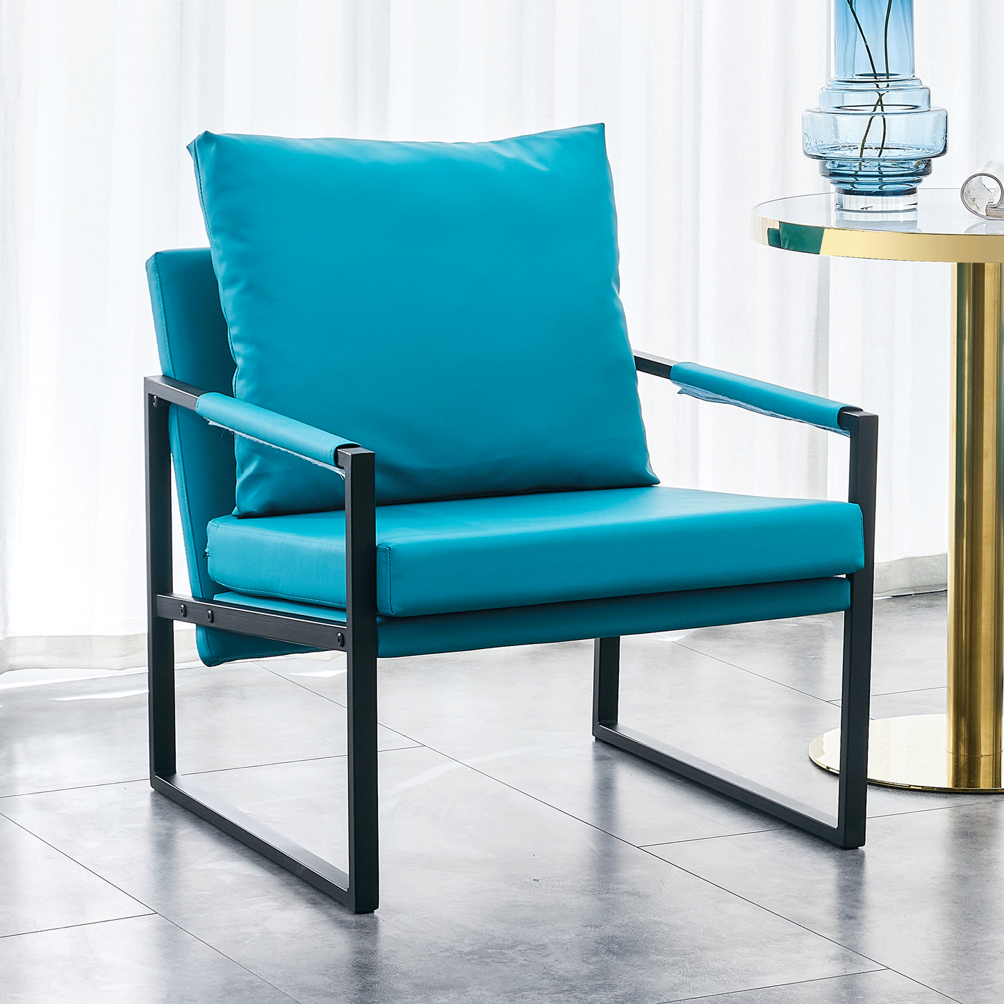 Cyan PU Leather 2-Piece Set of Modern Sofa Chairs with Metal Frame