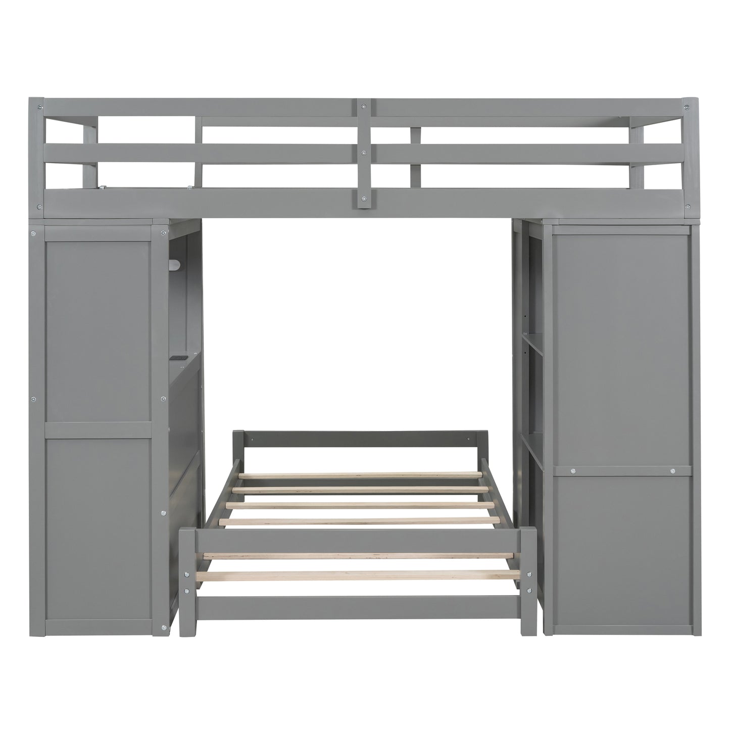 Twin Over Twin Gray Bunk Bed with LED Light, USB Ports, and Storage Space